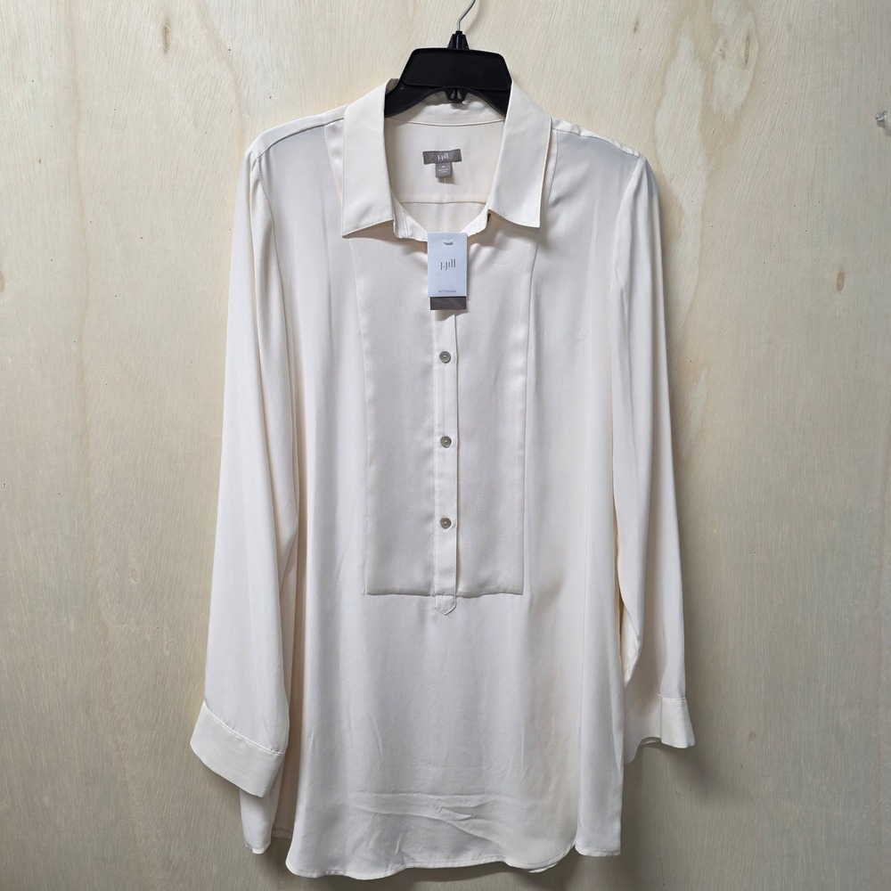 J. Jill 100% Silk Bib Front Tunic Top Cream Off White Long Sleeve Size M NEW